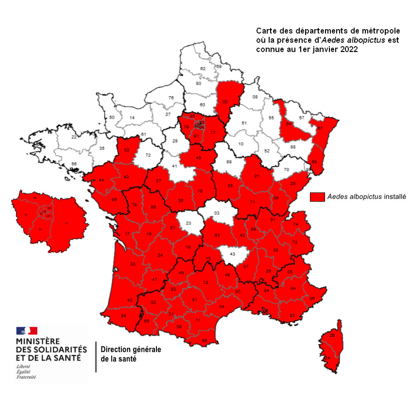 Département d'implantation du vecteur Aedes albopictus en France métropolitaine